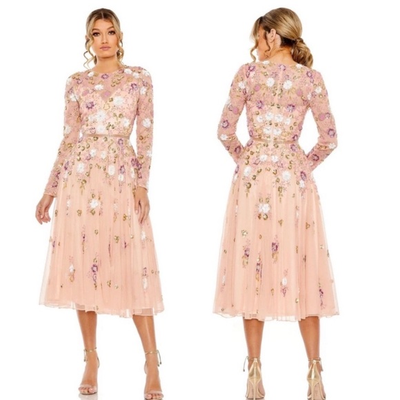 Mac Duggal Pink and Purple Embellished Midi Dress with Bishop Sleeves 5716 - Picture 1 of 8